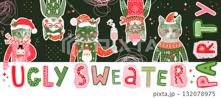 Funny Ugly Christmas Sweater Design with Cute Hipster Cats in Halftone Collage Style, Fun Party Banner and Background 132078975