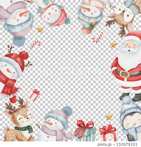 Watercolor Christmas frame with Santa Claus, cute reindeer, snowmen, penguin, and holiday gifts. Festive children illustration with copy space, perfect for greeting cards and winter decor 132079101