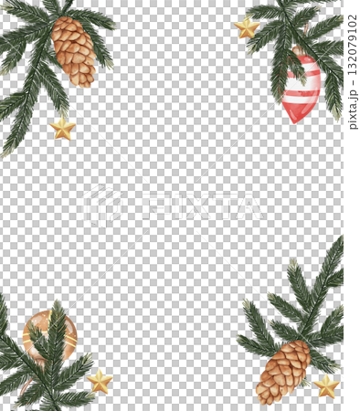 Rectangular watercolor frame with green fir branches, pine cones, and red and gold Christmas ornaments. Hand drawn festive illustration with copy space on white background for holiday designs 132079102