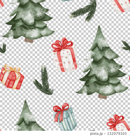 Seamless watercolor pattern with snow-covered Christmas trees, colorful gift boxes with ribbons and green pine branches. Cute festive design on white background, for holiday decor and wrapping paper Seamless watercolor pattern with snow-covered Christmas trees, colorful gift boxes with ribbons and green pine branches. Cute festive design on white background, for holiday decor and wrapping paper 132079103