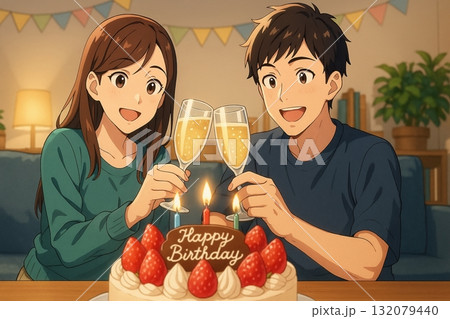 誕生日ケーキを前に乾杯するカップル 132079440
