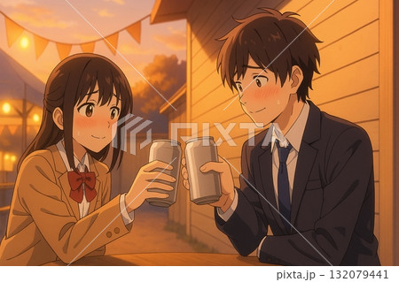 夕暮れにジュースで乾杯する学生の男女 夕暮れにジュースで乾杯する学生の男女 132079441