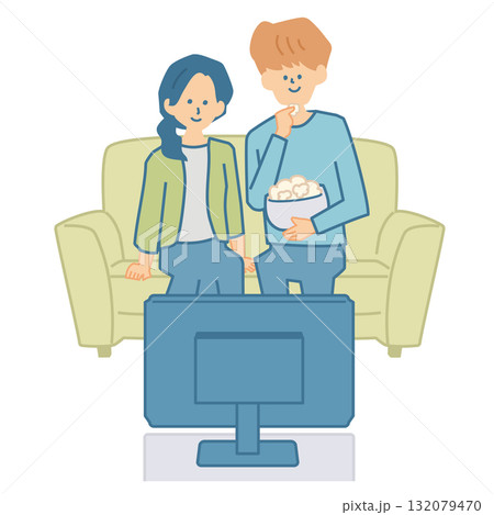 一緒にテレビを見るカップルのイラスト 一緒にテレビを見るカップルのイラスト 132079470