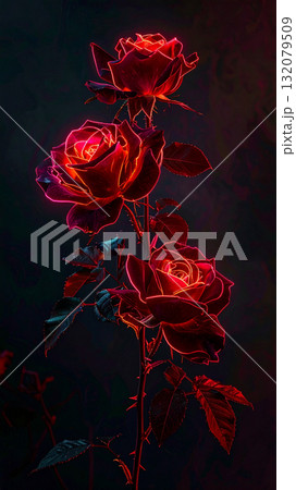 Vertical Neon-Outlined Roses with Glowing Edges on Dark Background Vertical Neon-Outlined Roses with Glowing Edges on Dark Background 132079509