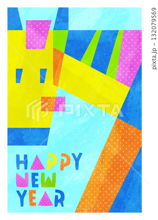 年賀状（馬） ポップでかわいい幾何学的な馬のカード 水彩ペイント風 132079569