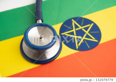 Ethiopia flag with black stethoscope, Business and finance concept. Ethiopia flag with black stethoscope, Business and finance concept. 132079779