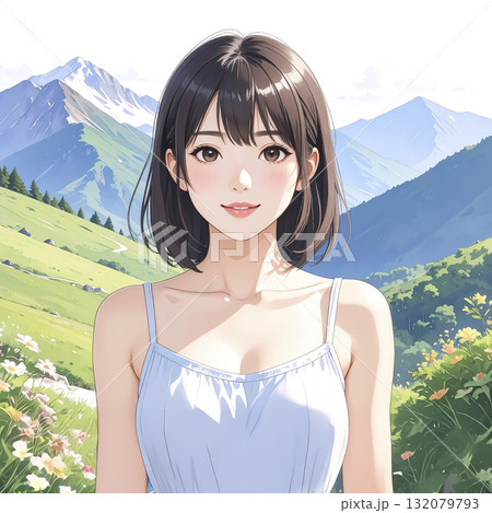 高原の若い日本人女性　生成AI 132079793
