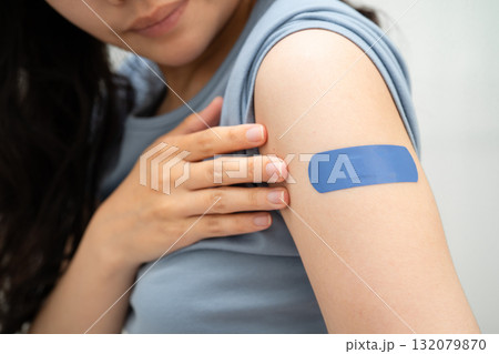 HPV, Human papillomavirus, Asian young woman receiving vaccine with blue bandage. HPV, Human papillomavirus, Asian young woman receiving vaccine with blue bandage. 132079870
