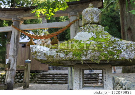 白川郷・白川八幡神社の苔むした石灯籠   132079955