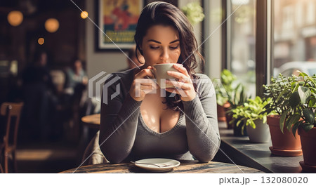 窓辺のカフェでくつろぐ午後 132080020