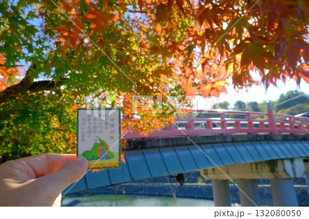 紅葉の喜撰橋と百人一首の札 132080050