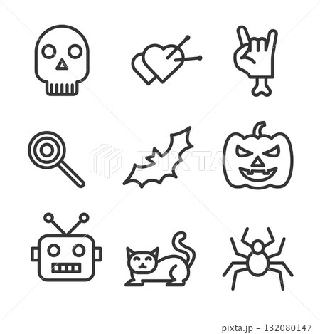 Halloween Outline Icon Set with Skull, Voodoo Heart, Pumpkin, and Black Cat. Vector Illustration 132080147