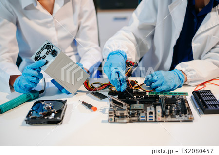The technician is putting the CPU on the socket of the computer motherboard. electronic engineering electronic The technician is putting the CPU on the socket of the computer motherboard. electronic engineering electronic 132080457