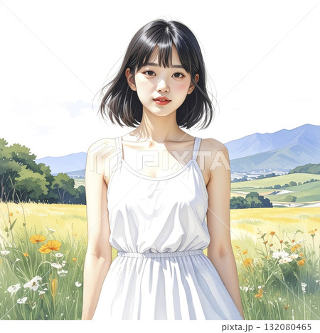 草原の若い女性　AI生成画像  132080465