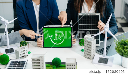 business team people planning and discussing on recycle reduce reuse policy symbol in office meeting room. 132080493