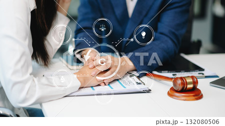 Copyright or patent concept, Business team analyzing data and using smart phone and tablet with virtual screen copyright icon 132080506