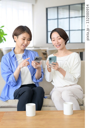 ソファに座って会話をする日本人女性 ソファに座って会話をする日本人女性 132080954