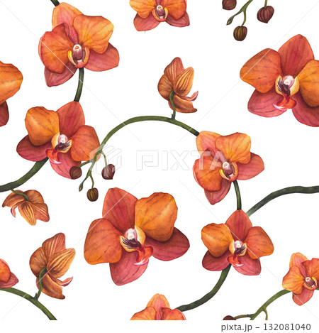 Orange orchid branch. Seamless pattern. For wallpaper and textiles. Watercolor illustration on a white background. Hand-drawn 132081040