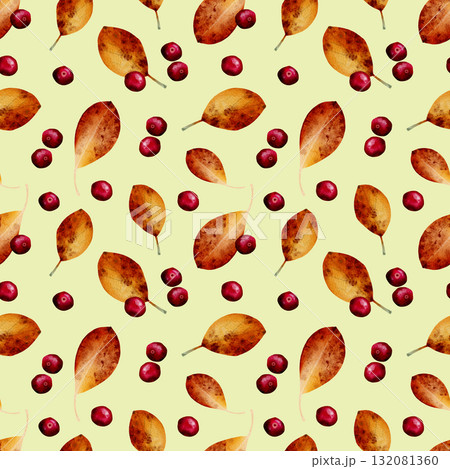 A seamless watercolor pattern with autumn leaves and berries on a light green background. 132081360