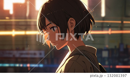 夕焼けの中、構える女性　AI 132081397