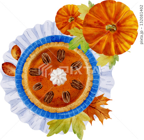 A watercolor painting of a pumpkin pie, pumpkins, and autumn leaves. 132081402