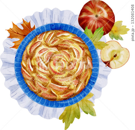 Hand-drawn watercolor illustration of a delicious apple pie 132081408