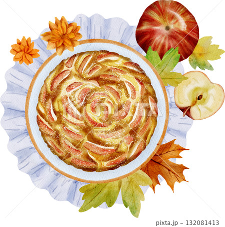 Hand-drawn watercolor illustration of a delicious apple pie 132081413