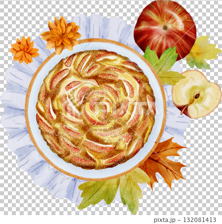 Hand-drawn watercolor illustration of a delicious apple pie 132081413