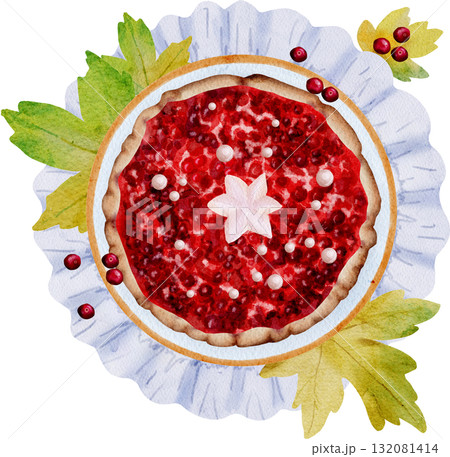 Watercolor cranberry pie. Savory pies with red berries. Cranberry pie for Thanksgiving. Sweet homemade pastries. 132081414