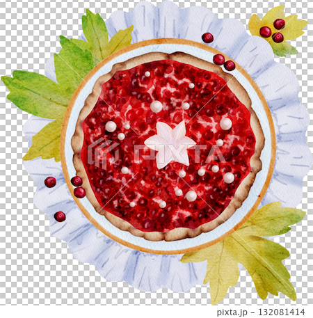Watercolor cranberry pie. Savory pies with red berries. Cranberry pie for Thanksgiving. Sweet homemade pastries. 132081414