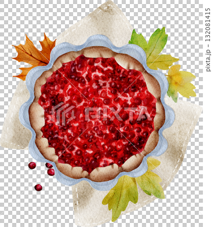 Watercolor cranberry pie. Savory pies with red berries. Cranberry pie for Thanksgiving. Sweet homemade pastries. 132081415