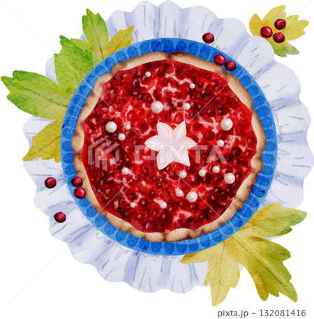 Watercolor cranberry pie. Savory pies with red berries. Cranberry pie for Thanksgiving. Sweet homemade pastries. Watercolor cranberry pie. Savory pies with red berries. Cranberry pie for Thanksgiving. Sweet homemade pastries. 132081416