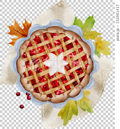 Watercolor cranberry pie. Savory pies with red berries. Cranberry pie for Thanksgiving. Sweet homemade pastries. Watercolor cranberry pie. Savory pies with red berries. Cranberry pie for Thanksgiving. Sweet homemade pastries. 132081417