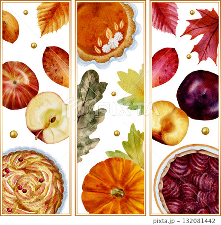 Happy Thanksgiving. Watercolor illustration of the autumn harvest with pumpkin pie, hot drinks, Perfect for invitations, greeting cards, posters, prints, social media. Happy Thanksgiving. Watercolor illustration of the autumn harvest with pumpkin pie, hot drinks, Perfect for invitations, greeting cards, posters, prints, social media. 132081442