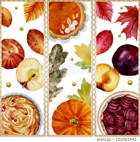 Happy Thanksgiving. Watercolor illustration of the autumn harvest with pumpkin pie, hot drinks, Perfect for invitations, greeting cards, posters, prints, social media. Happy Thanksgiving. Watercolor illustration of the autumn harvest with pumpkin pie, hot drinks, Perfect for invitations, greeting cards, posters, prints, social media. 132081442