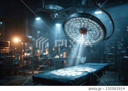 Surgical lamp illuminating operating table in empty operating room 132081914