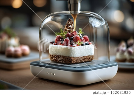 Robotic arm pouring caramel on delicious dessert in glass bell 132081920