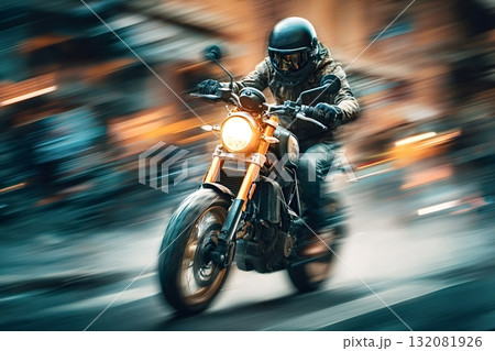 Motorcyclist riding fast through city street with motion blur 132081926