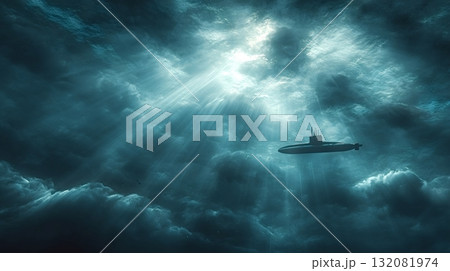 Submarine navigating deep ocean water receiving sunlight 132081974