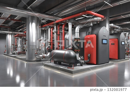 Modern boiler room with complex network of pipes ensuring efficient heating and hot water supply Modern boiler room with complex network of pipes ensuring efficient heating and hot water supply 132081977