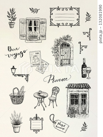 クラフト紙背景のプロヴァンス線画イラストセット ナチュラルなフランス風デザイン クラフト紙背景のプロヴァンス線画イラストセット ナチュラルなフランス風デザイン 132081990