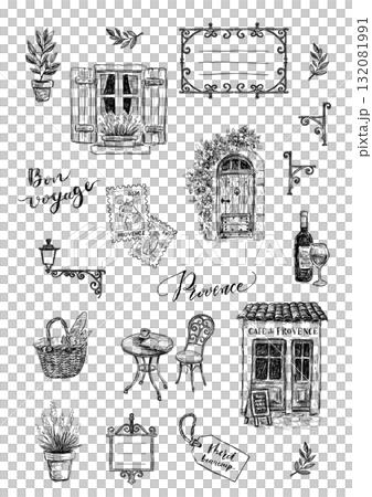Provence line drawing material set on transparent background Hand-drawn illustration elements Provence line drawing material set on transparent background Hand-drawn illustration elements 132081991