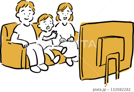 ソファでテレビを見る家族の手描き風イラスト ソファでテレビを見る家族の手描き風イラスト 132082282