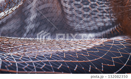 3D render of complex wireframe structure with glowing orange and blue highlights 132082350
