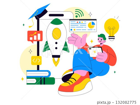 EdTech Startup Vector Illustration Featuring Opportunities in E-Learning, Modern Education Platform, and Online Learning Technology Innovation 132082775