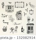 クラフト紙背景のプロヴァンス線画イラストセット　ナチュラルでフランス風のデザイン 132082914