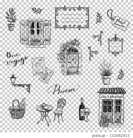 透過背景のプロヴァンス線画素材セット 手描きイラスト要素 透過背景のプロヴァンス線画素材セット 手描きイラスト要素 132082915