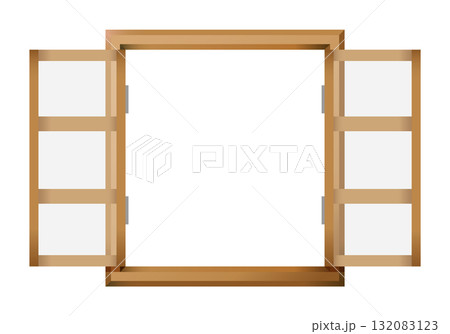 木製の窓のイラスト素材。扉が開いている状態。ベクターイラスト。 132083123