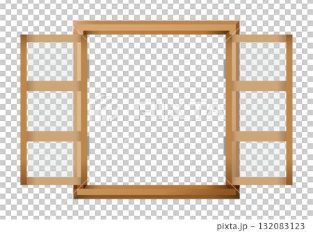 木製の窓のイラスト素材。扉が開いている状態。ベクターイラスト。 132083123