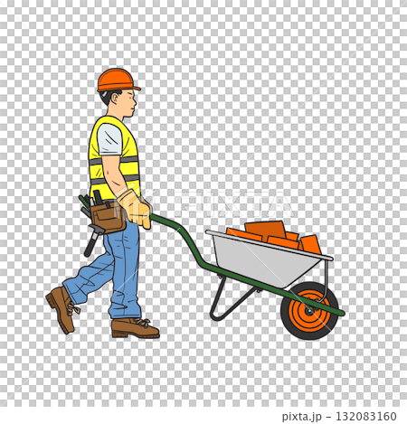 Worker pushing a wheelbarrow containing bricks Worker pushing a wheelbarrow containing bricks 132083160